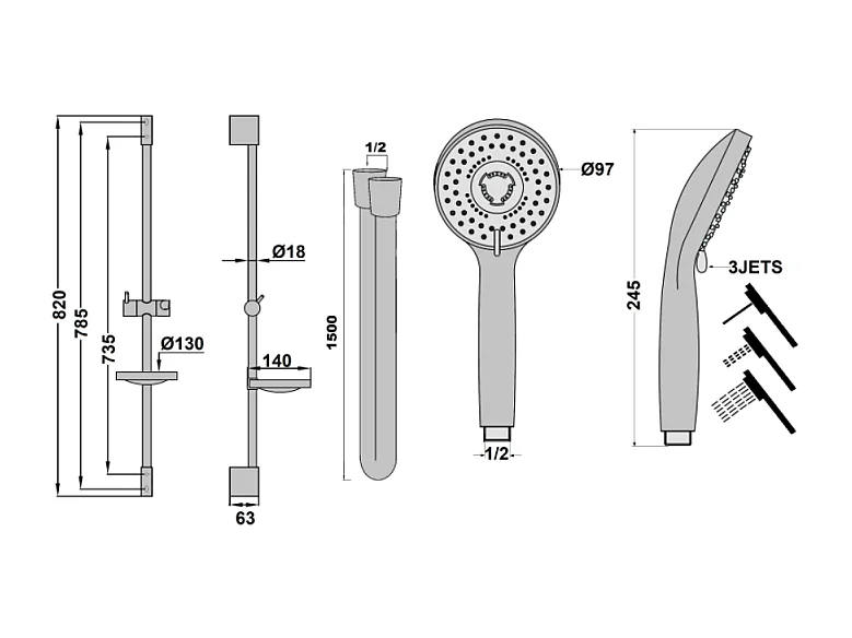 Pack pommeau de douche rond 3 jets + flexible + barre + porte savon Paini Ruby Chrome