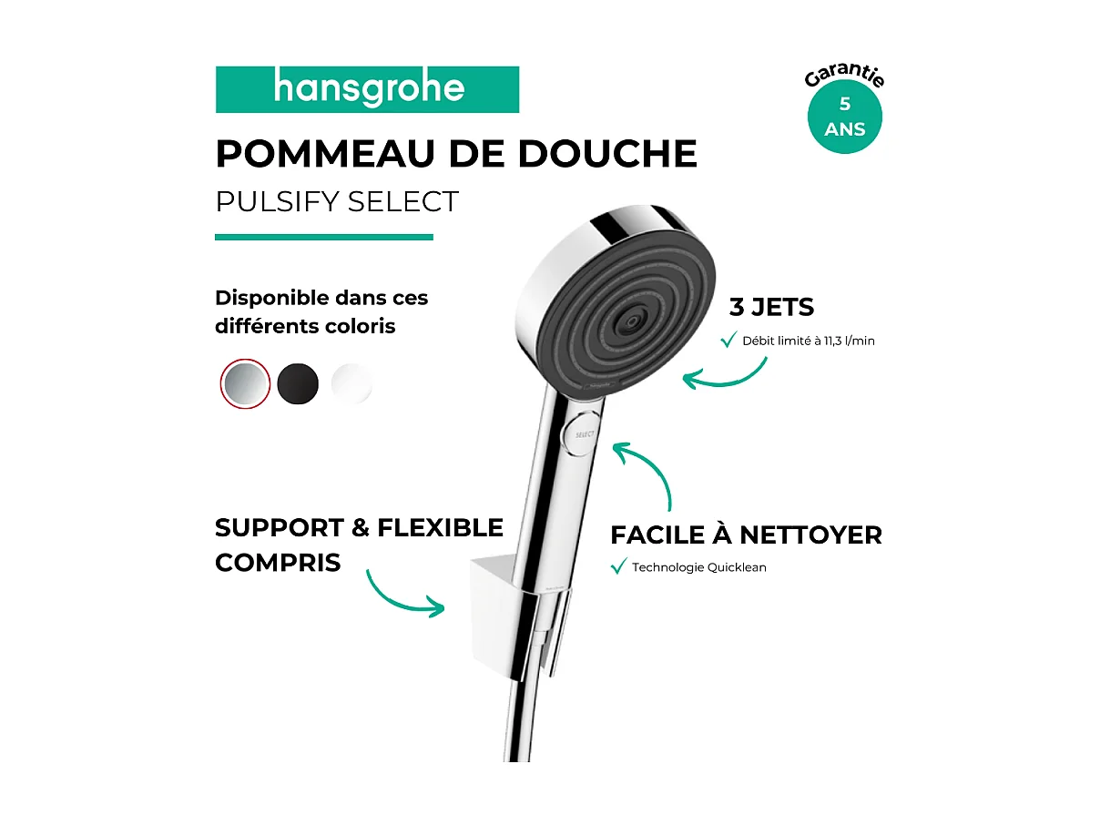 Ensemble support mural et douchette 105 3jet Relaxation avec flexible 125 cm chromé Hansgrohe Pulsify Select