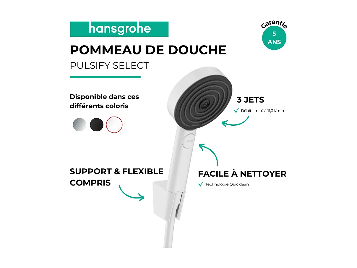 Ensemble support mural et douchette 105 3jet Relaxation avec flexible 125 cm blanc mat Hansgrohe Pulsify Select