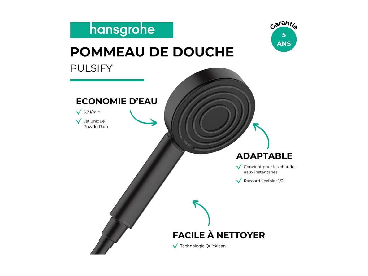 HANSGROHE Douchette à main 105 1jet EcoSmart 9l/min noir mat Pulsify