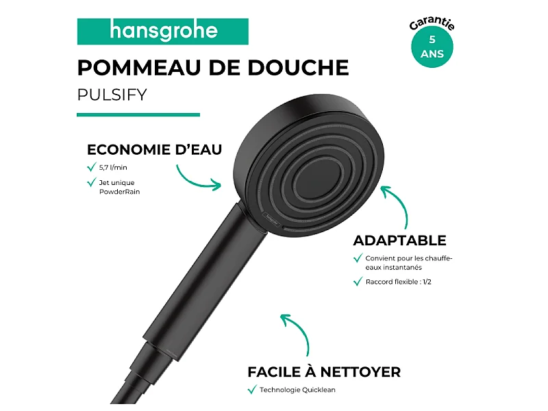 HANSGROHE Douchette à main 105 1jet EcoSmart 9l/min noir mat Pulsify