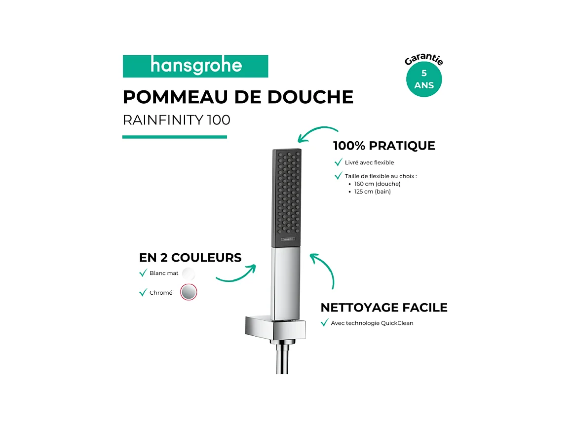 Ensemble support mural et douchette 100 1jet avec flexible de douche 125 cm blanc mat Hansgrohe Rainfinity