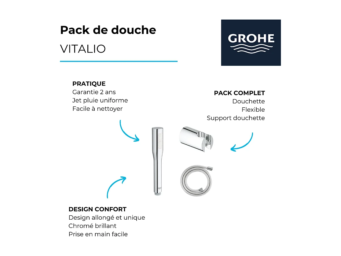 Pack douchette 1 jet Vitalio Get Stick GROHE + Flexible 1500 chromé + Support pour douchette