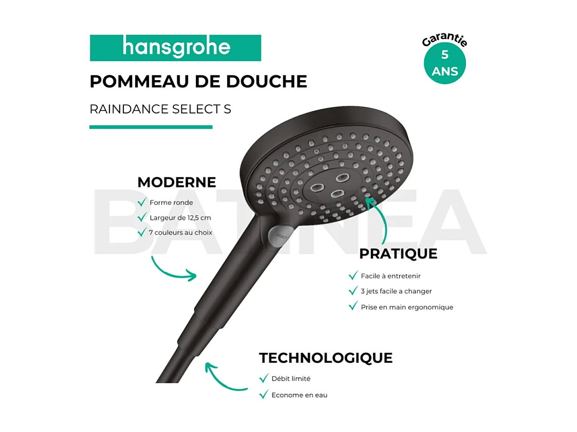 Pommeau de douche HANSGROHE Raindance Select S EcoSmart 120 3 jets noir mat