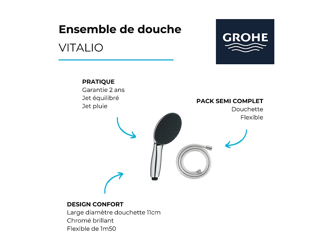 Douchette 1 jet GROHE Vitalio Start 110 chromé + Flexible de douche GROHE 1500 chromé