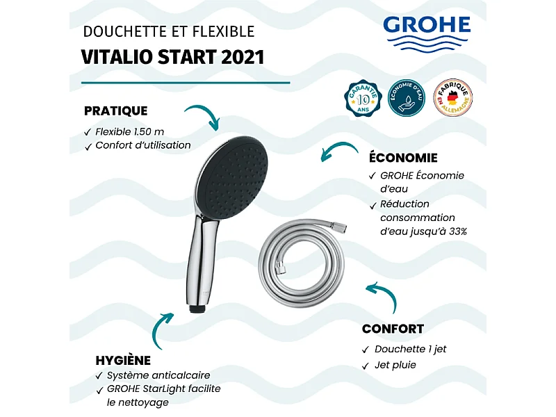 Douchette 1 jet GROHE Vitalio Start 110 chromé + Flexible de douche GROHE 1500 chromé