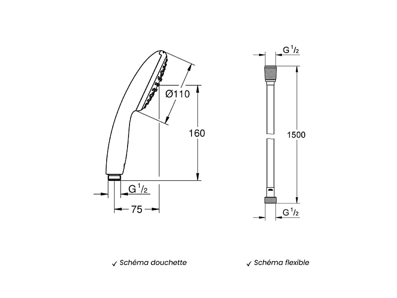 Douchette 1 jet GROHE Vitalio Start 110 chromé + Flexible de douche GROHE 1500 chromé