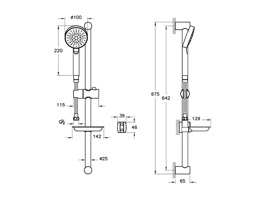 Pommeau de douche VITRA Master avec barre, porte savon et flexible + nettoyant Briochin