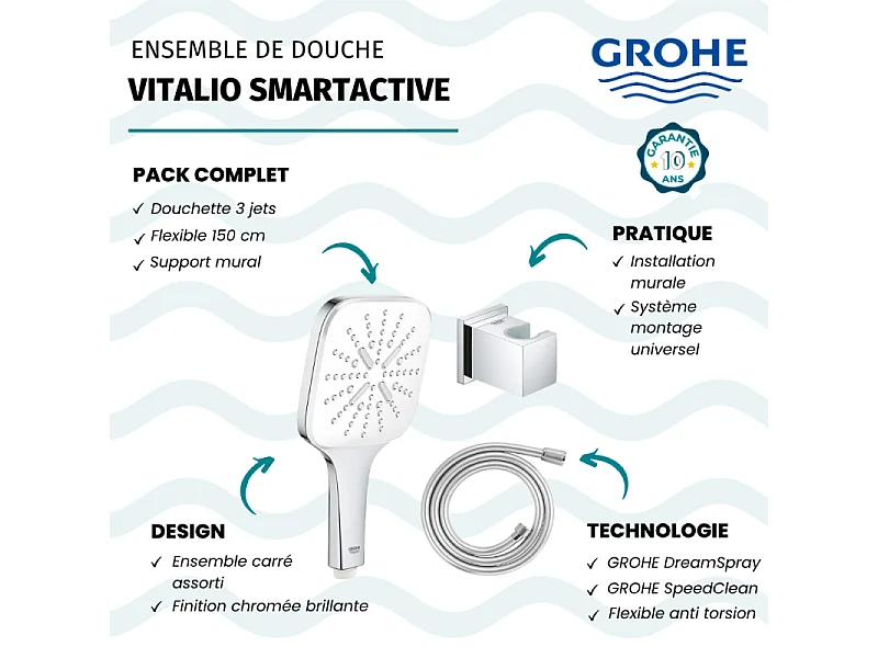 Douchette GROHE Vitalio SmartActive 130 Cube avec flexible et support de douche