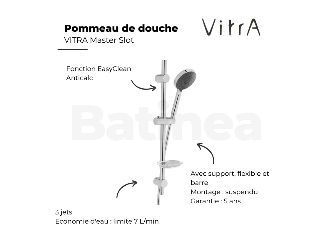 Pommeau de douche VITRA Master Slot 3 jets avec barre, porte savon et flexible