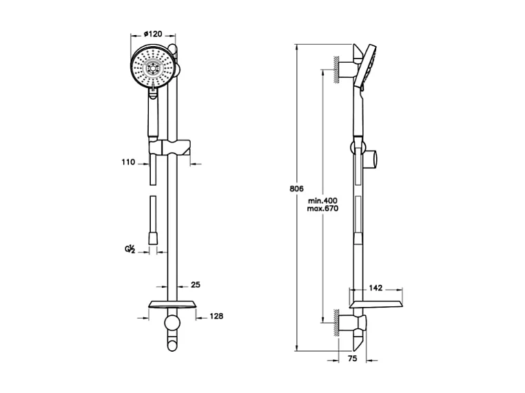 Pommeau de douche VITRA Master Slot 3 jets avec barre, porte savon et flexible