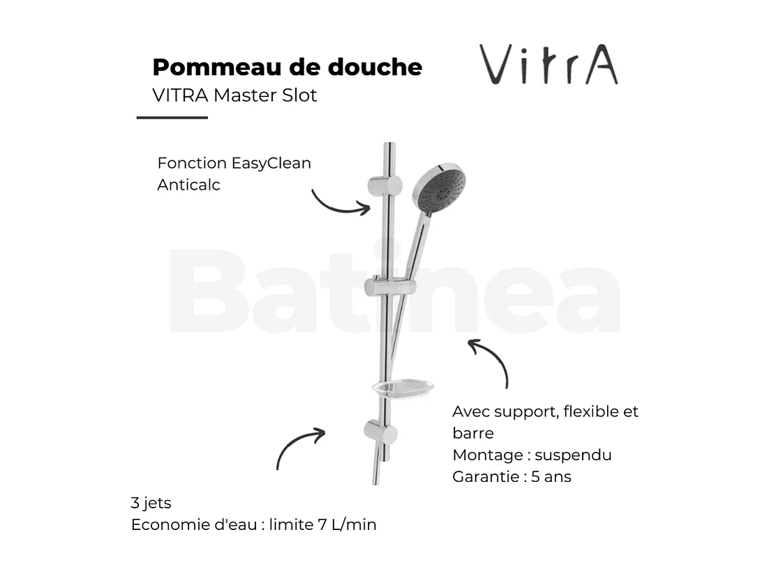 Pommeau de douche VITRA Master Slot 3 jets avec barre, porte savon et flexible