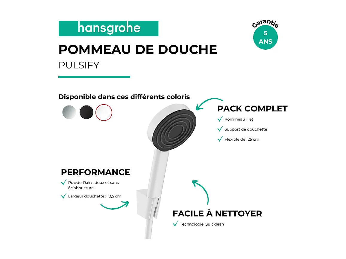 Ensemble support mural et douchette 105 1jet avec flexible 125 cm blanc mat Hansgrohe Pulsify