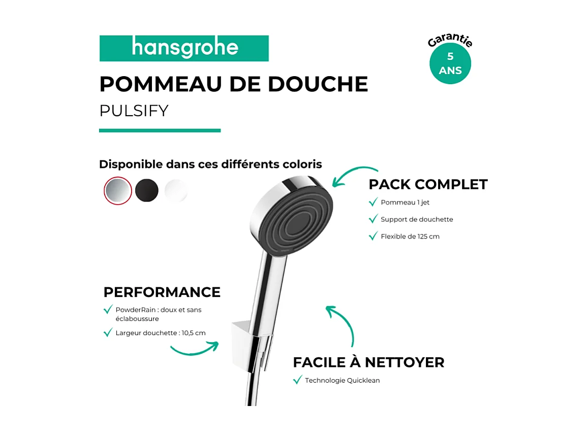 Ensemble support mural et douchette 105 1jet avec flexible 125 cm chromé Hansgrohe Pulsify