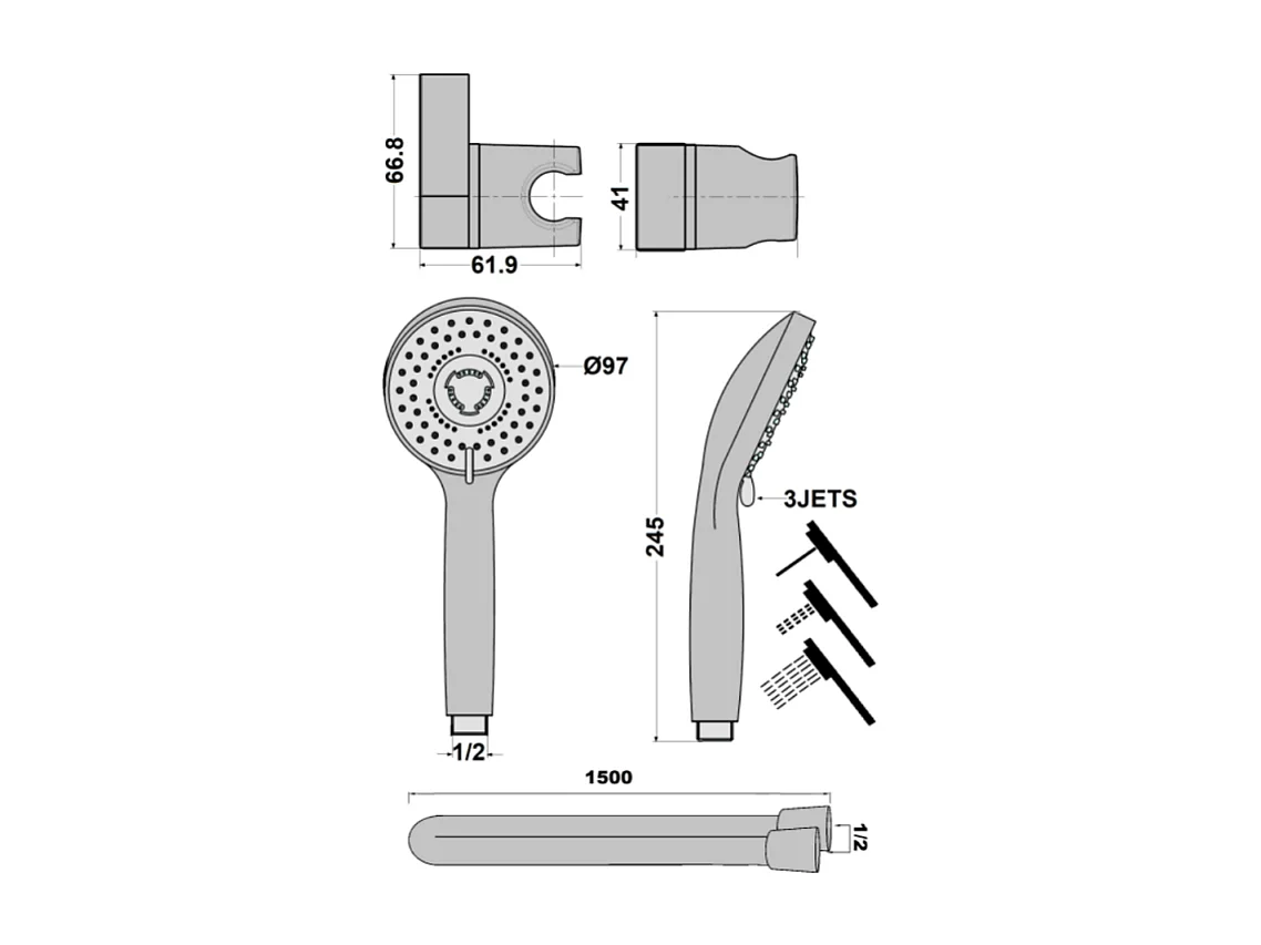 Pommeau de douche + support + flexible PAINI Ruby Rond Chrome
