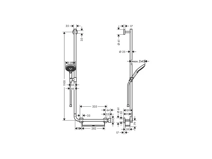 Set de douche 120 3jet avec barre Unica'Comfort 110 cm et poignée d'appui à droite chromé Hansgrohe Raindance Select S
