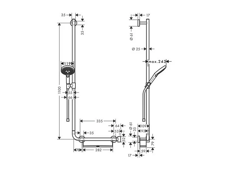 Set de douche 120 3jet avec barre Unica'Comfort 110 cm et poignée d'appui à droite chromé Hansgrohe Raindance Select S