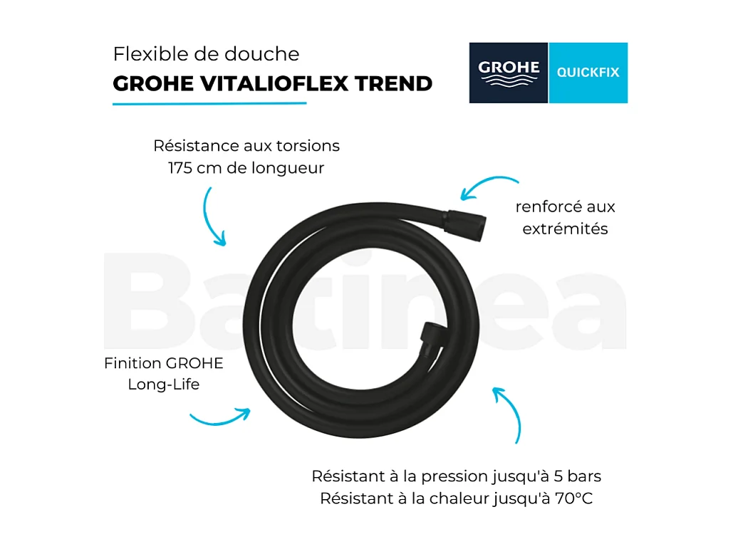 Flexible de douche GROHE VitalioFlex Trend 1750 mm noir mat