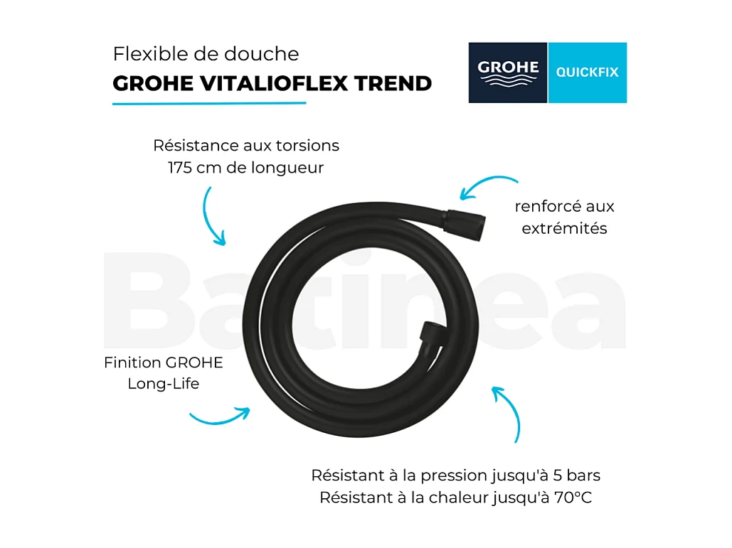 Flexible de douche GROHE VitalioFlex Trend 1750 mm noir mat