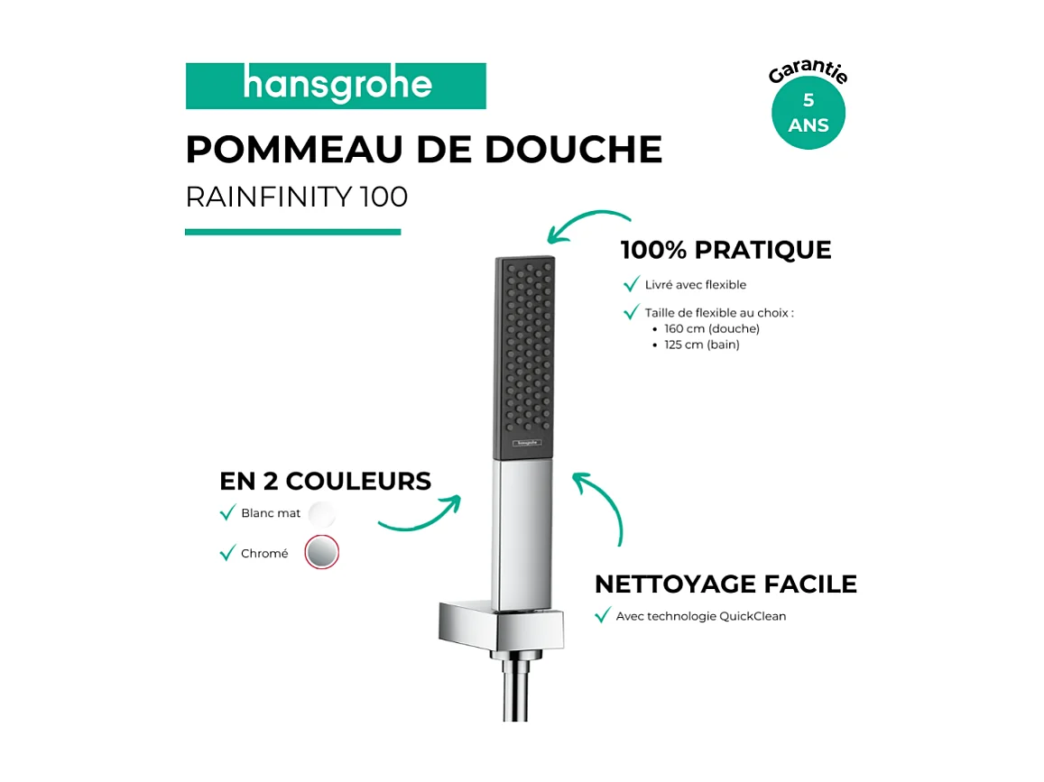 Ensemble support mural et douchette 100 1jet avec flexible de douche 160 cm chromé Hansgrohe Rainfinity