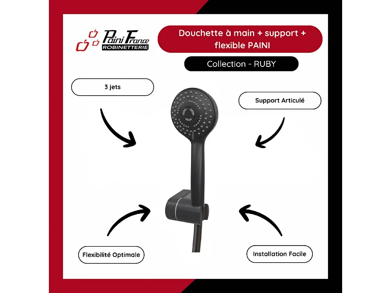 Pommeau de douche + support + flexible PAINI Ruby Rond Noir Mat