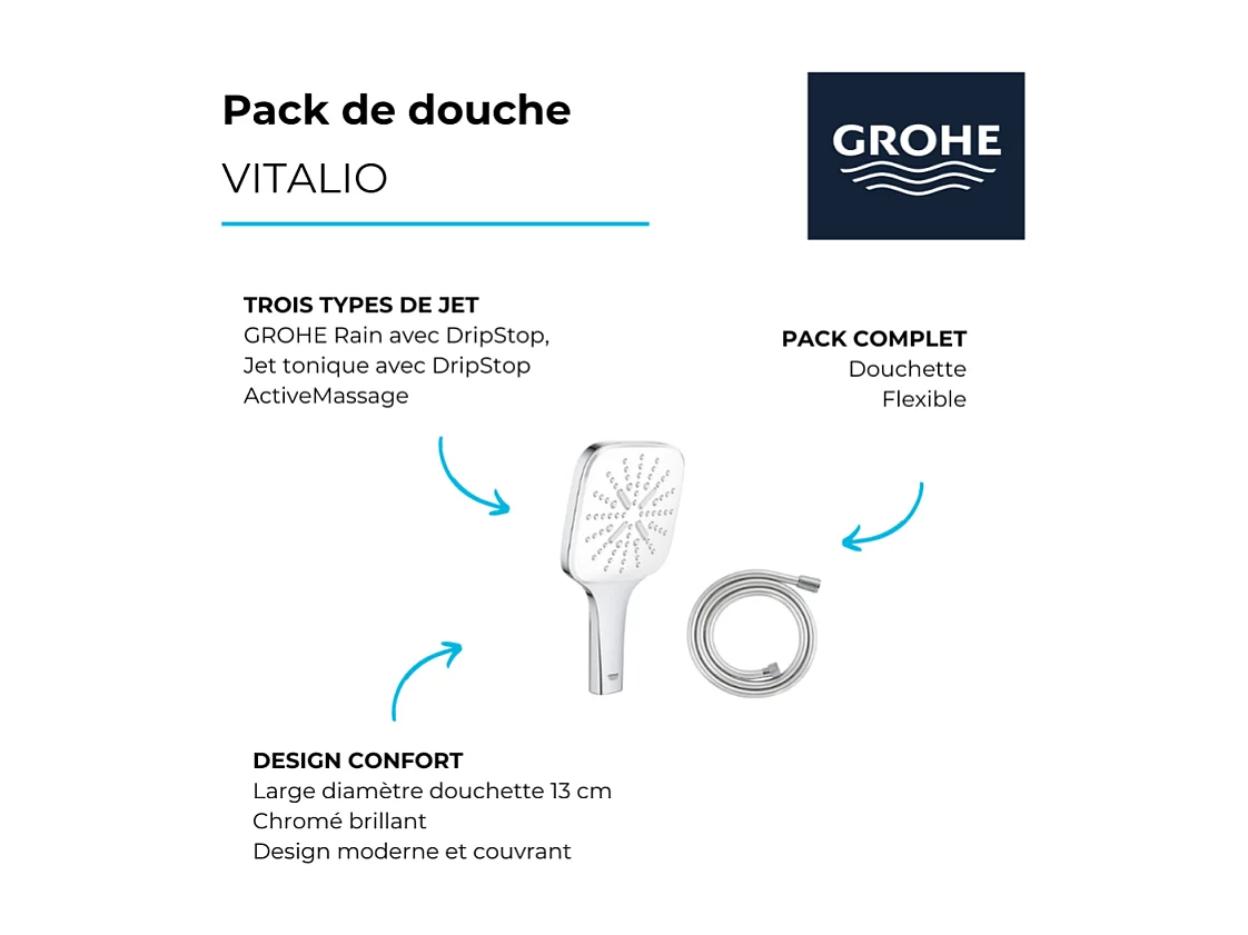 Pack Douchette GROHE Vitalio 3 jets Smartactive rectangulaire + Flexible 150 cm chromé