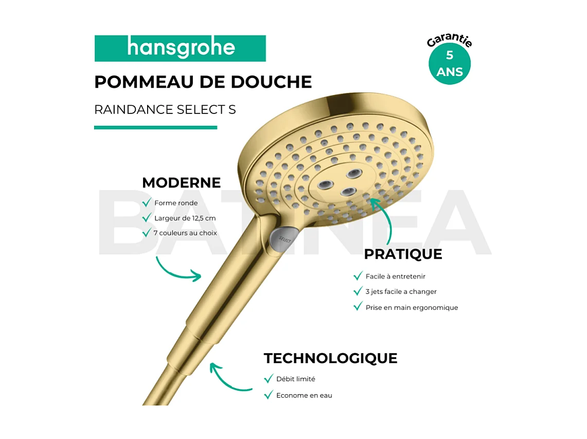 Pommeau de douche HANSGROHE Raindance Select S EcoSmart 120 3 jets aspect doré poli