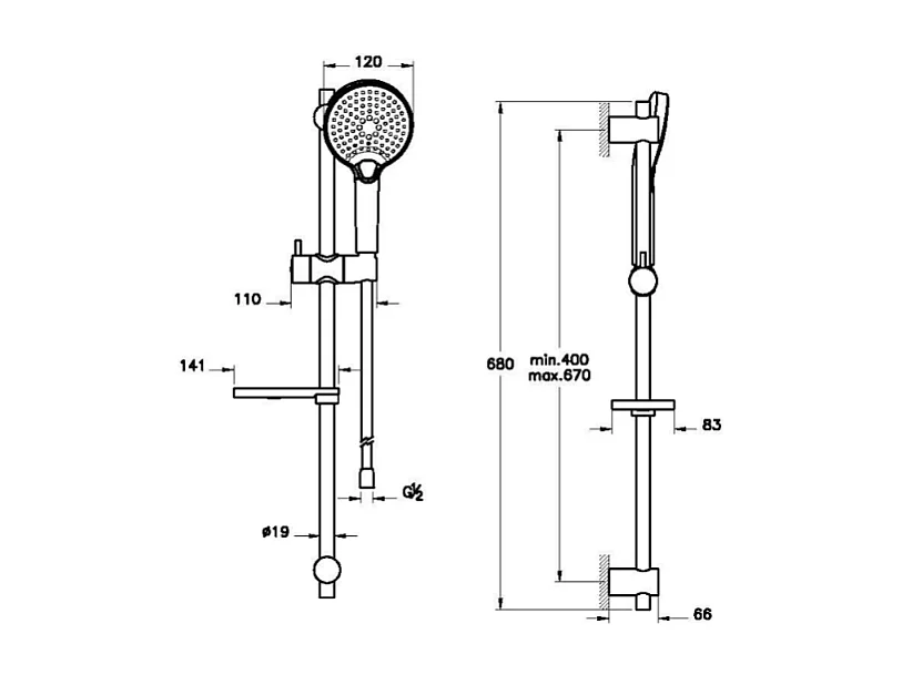 Ensemble de douche VITRA Aquaheat Bliss 3 jets chromé avec barre, porte savon et flexible