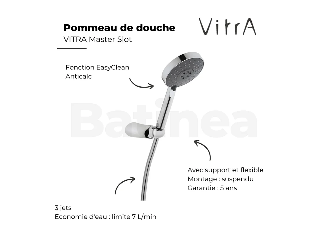 Pommeau de douche VITRA Master Slot 3 jets avec support et flexible