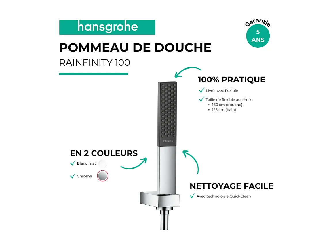 Ensemble support mural et douchette 100 1jet avec flexible de douche 125 cm chromé Hansgrohe Rainfinity