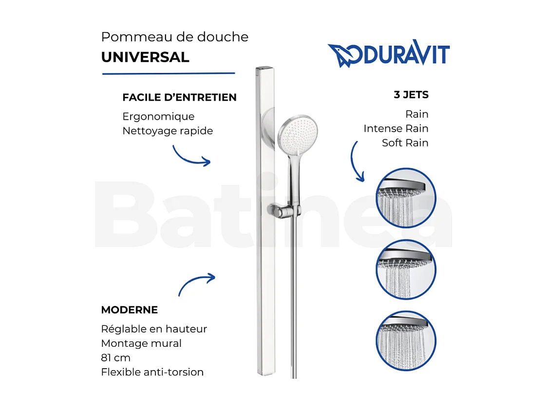Pommeau de douche DURAVIT MinusFlow flexible et barre chromé blanc