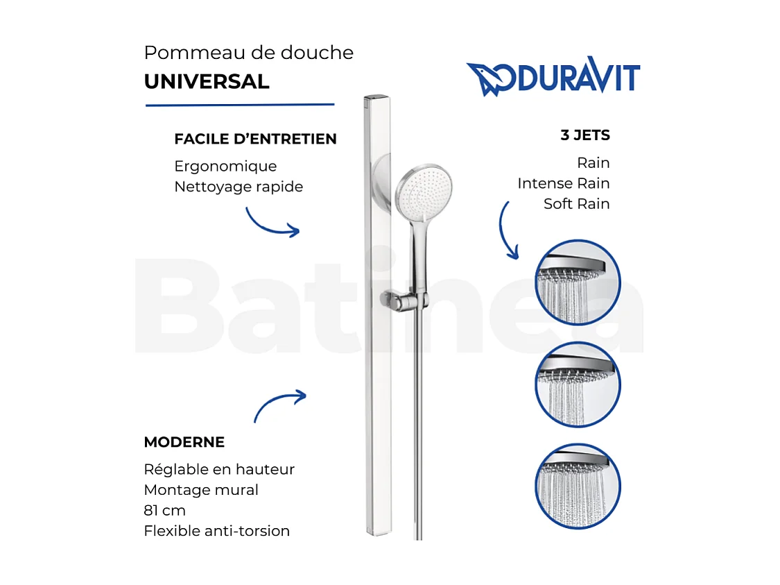 Pommeau de douche DURAVIT MinusFlow flexible et barre chromé blanc