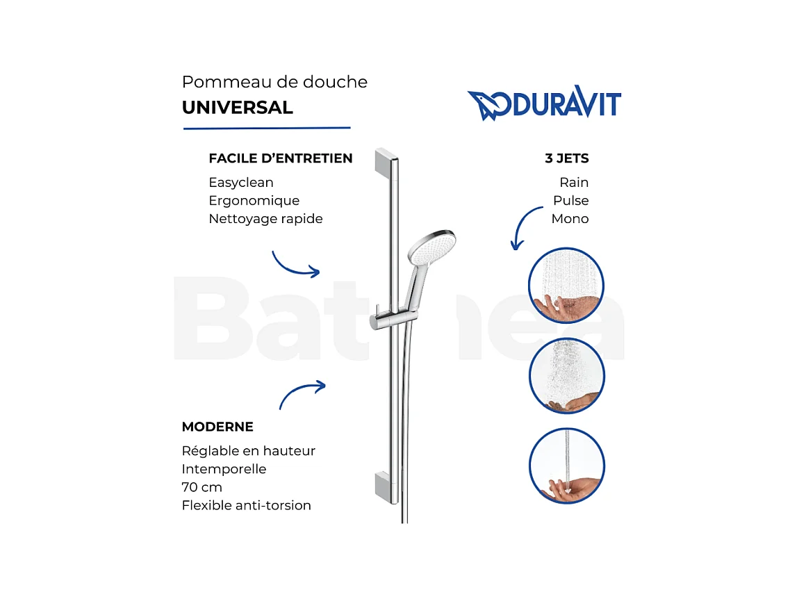 Pommeau de douche DURAVIT 3 jets type massage  flexible et barre chromé