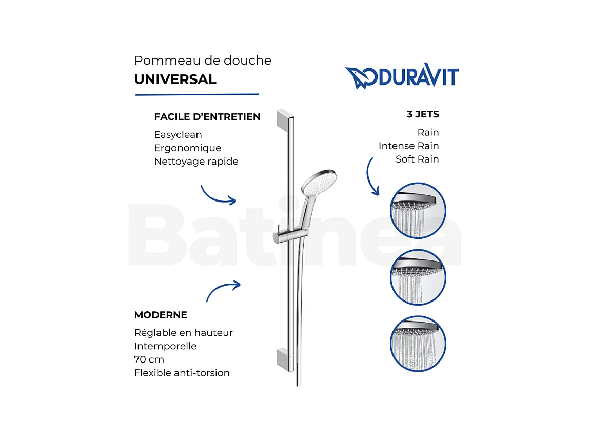 DURAVIT Rociador de ducha tipo lluvia flexible de 3 chorros y barra cromada