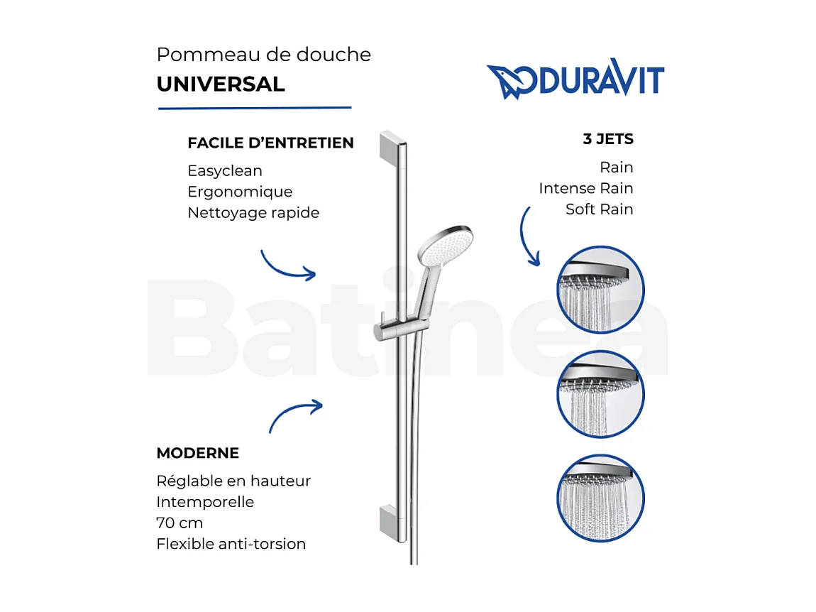 Pommeau de douche DURAVIT 3 jets type pluie flexible et barre chromé