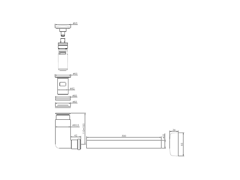 Siphon 110 x 250 x 65 mm VILEROY ET BOCH  pour vasques et lavabos Easy Access