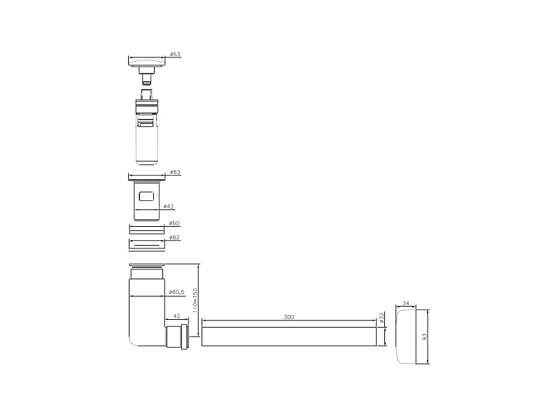 Siphon 110 x 250 x 65 mm VILEROY ET BOCH  pour vasques et lavabos Easy Access