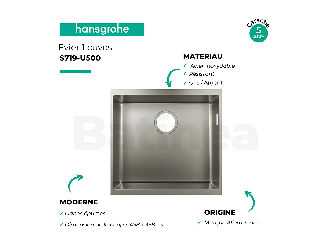 Evier à encastrer sous plan 1 bac HANSGROHE S71 500 avec vidage manuel inox