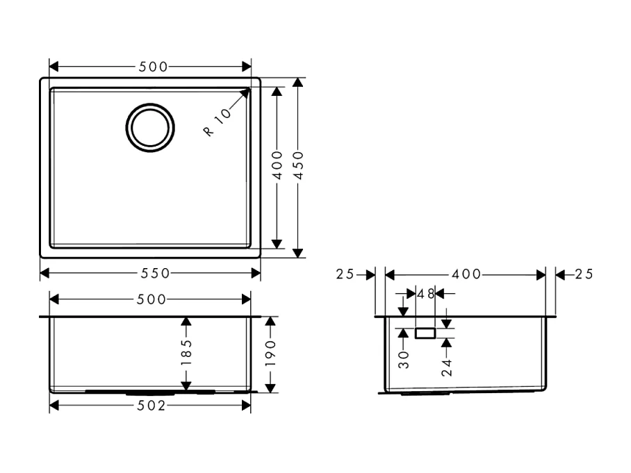 Evier à encastrer sous plan 1 bac HANSGROHE S71 500 avec vidage manuel inox
