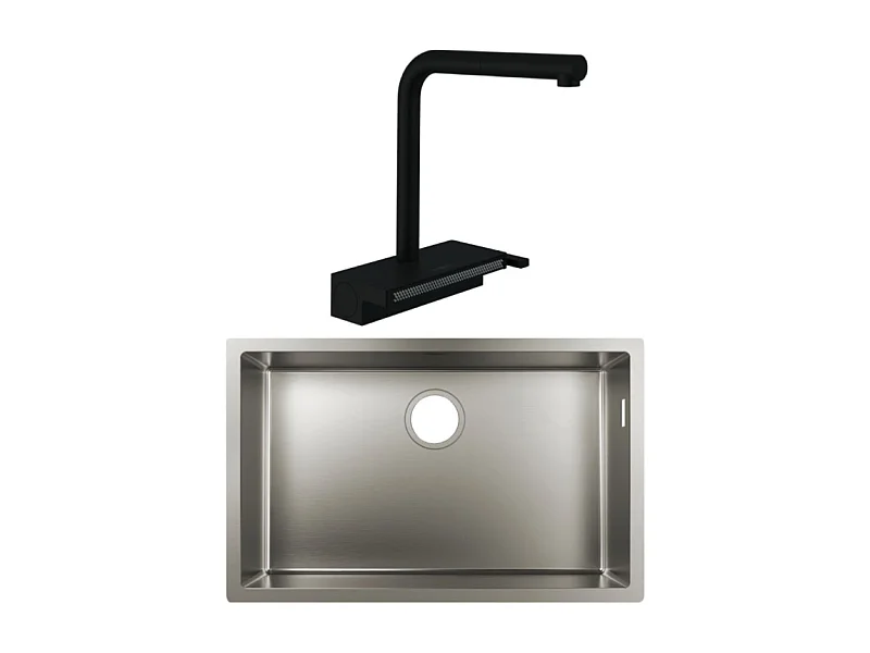 Evier à encastrer sous plan 1 bac HANSGROHE S719-U660 inox avec vidage auto + robinet cuisine Aquno Select M81 250 sBox noir mat
