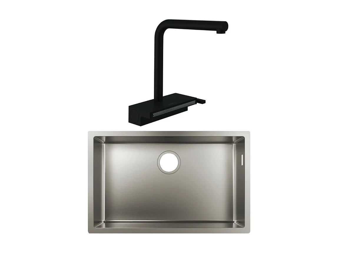 Evier à encastrer sous plan 1 bac HANSGROHE S719-U660 inox avec vidage auto + robinet cuisine Aquno Select M81 250 sBox noir mat
