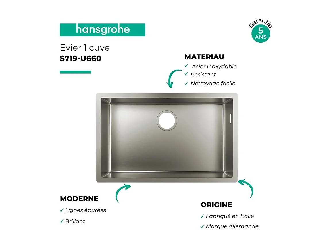 Evier à encastrer sous plan 1 bac HANSGROHE S719-U660 inox avec vidage auto + robinet cuisine Aquno Select M81 250 sBox noir mat
