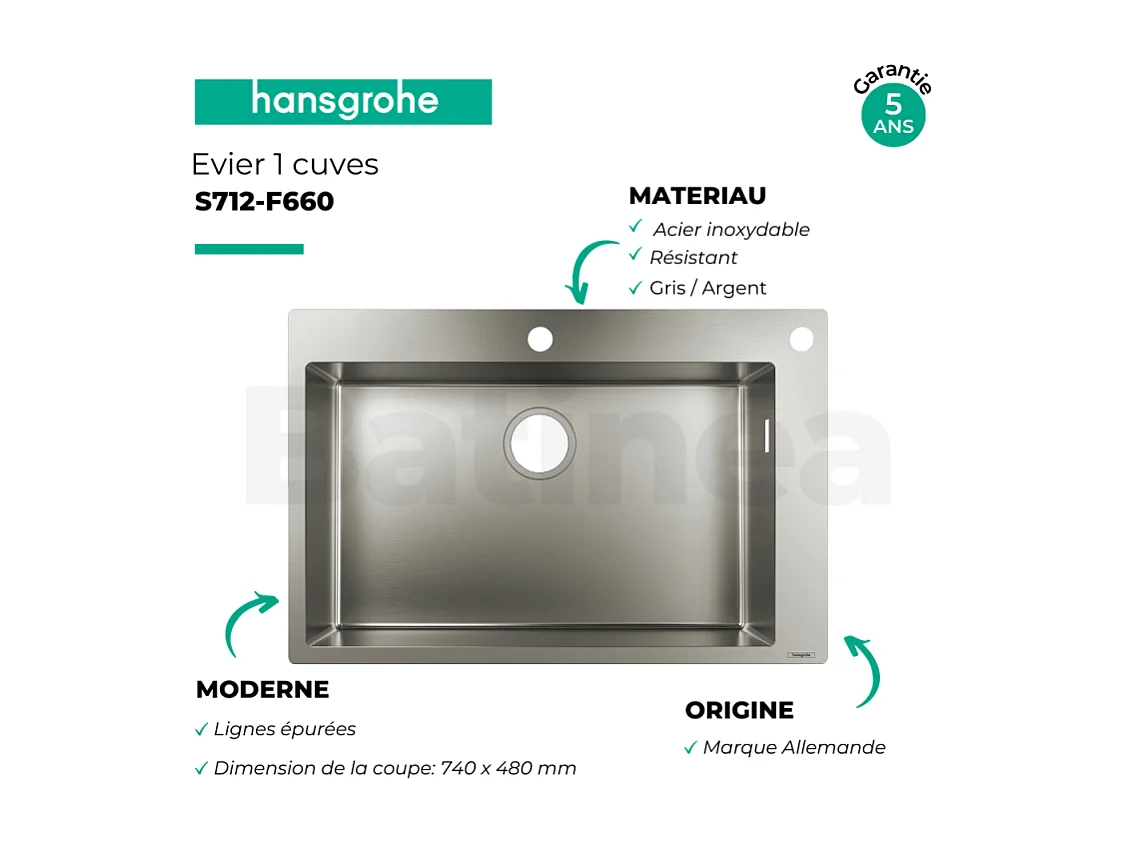 Evier à encastrer 1 bac HANSGROHE S71 660 sans vidage inox