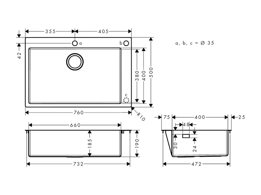 Evier à encastrer 1 bac HANSGROHE S71 660 sans vidage inox