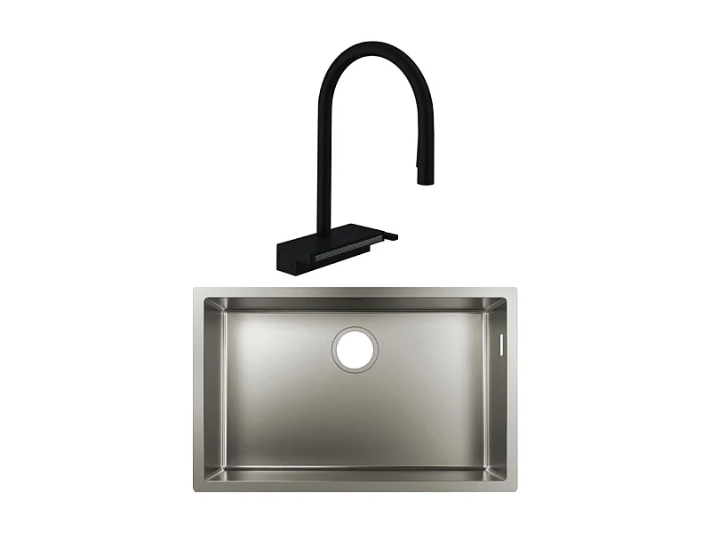 Evier à encastrer sous plan 1 bac HANSGROHE S719-U660 inox avec vidage auto + robinet cuisine Aquno Select M81 170 noir mat