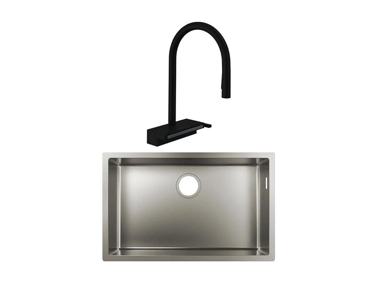 Evier à encastrer sous plan 1 bac HANSGROHE S719-U660 inox avec vidage auto + robinet cuisine Aquno Select M81 170 noir mat