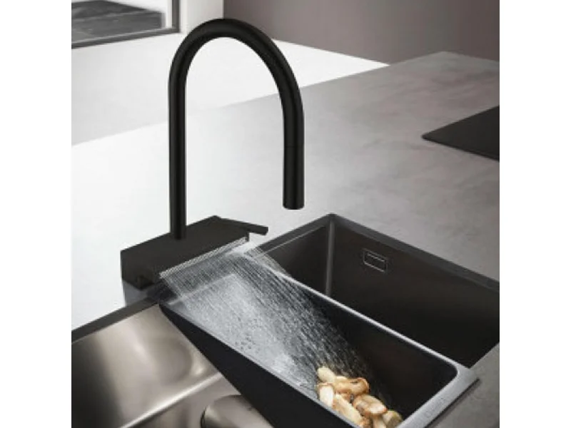 Evier à encastrer sous plan 1 bac HANSGROHE S719-U660 inox avec vidage auto + robinet cuisine Aquno Select M81 170 noir mat