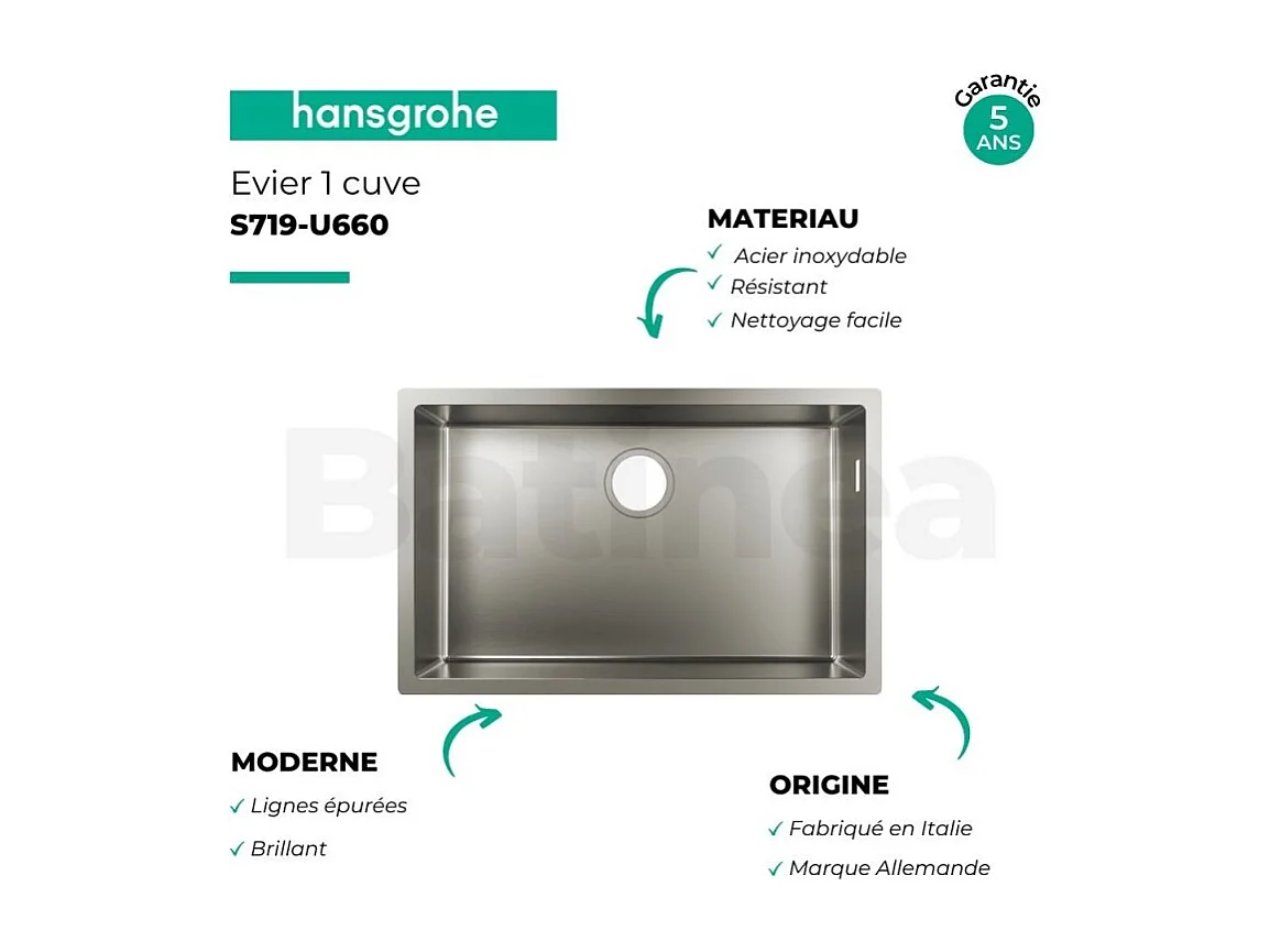 Evier à encastrer sous plan 1 bac HANSGROHE S719-U660 inox avec vidage auto + robinet cuisine Aquno Select M81 170 noir mat