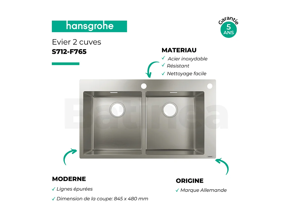 Evier à encastrer 2 bacs HANSGROHE S71 avec vidage auto inox