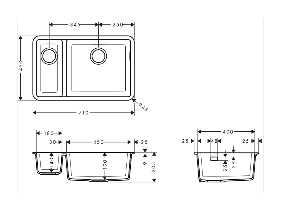 Evier à encastrer sous plan 1 bac et demi HANSGROHE S51 sans vidage noir graphite
